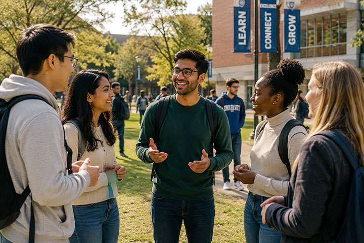 students networking on campus